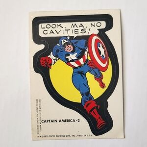 ✨RARE Vintage 1975 Topps Marvel Captain America Sticker Tan Back "No Cavities!"